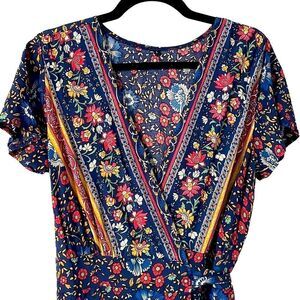 Wrap maxi dress in red, blue, black, and white floral placed print L